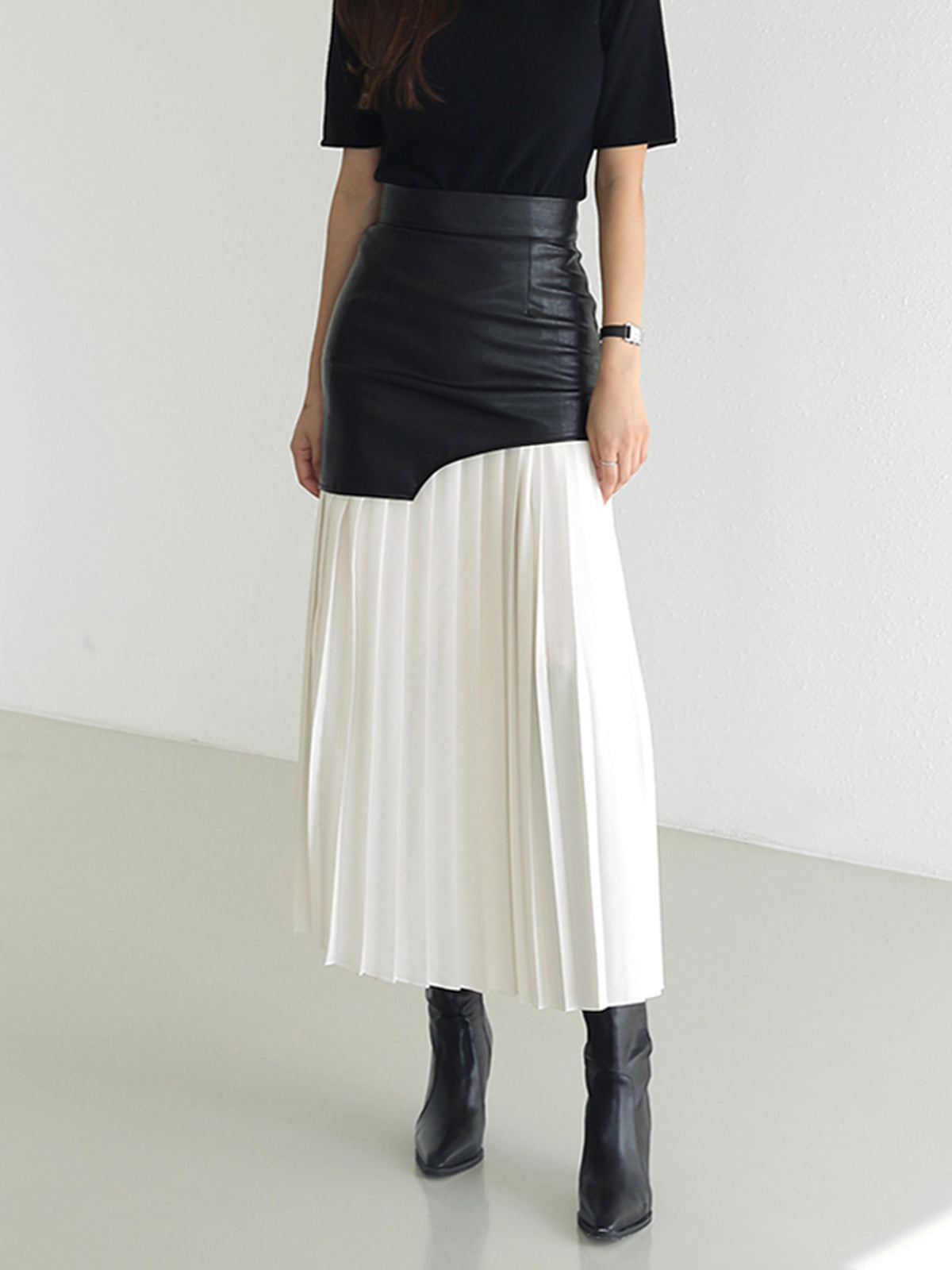 Asymmetric Patchwork Faux Leather Chiffon Pleated Maxi Skirt Trendy Women's Fashion