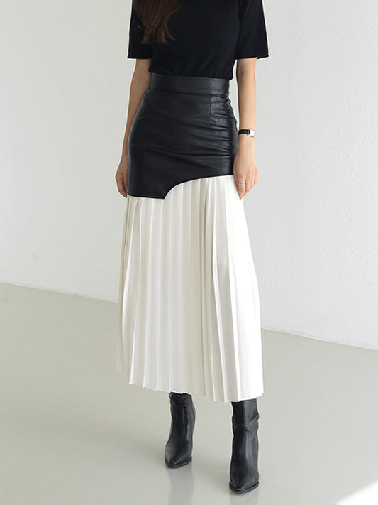 Asymmetric Patchwork Faux Leather Chiffon Pleated Maxi Skirt Trendy Women's Fashion