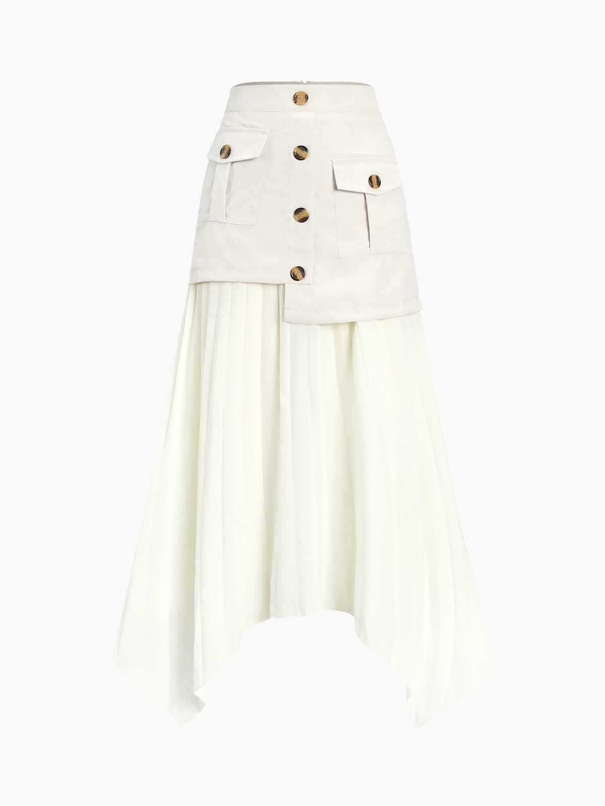 Patchwork Asymmetrical Pleated Buttoned Midi Skirt with High Waist Design
