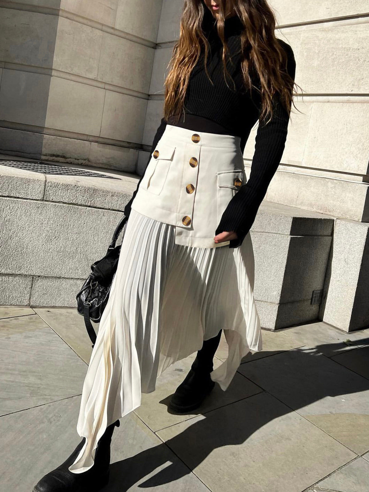 Patchwork Asymmetrical Pleated Buttoned Midi Skirt with High Waist Design