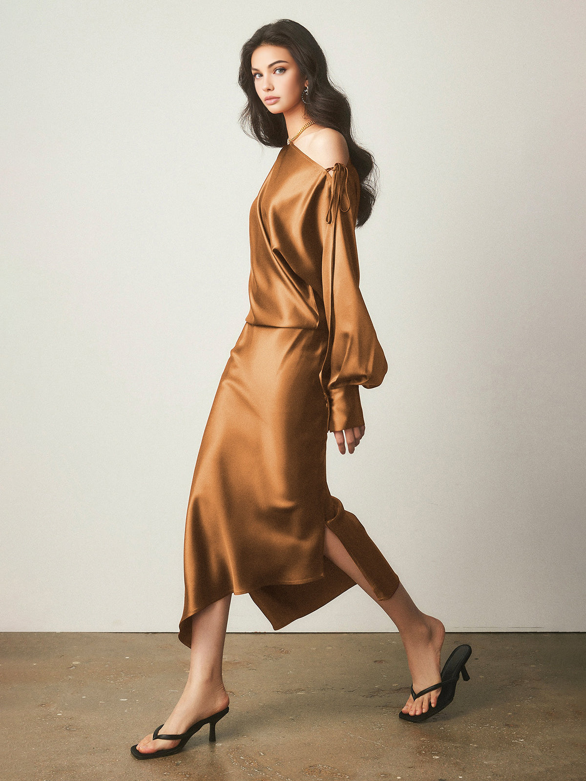 Satin Asymmetrical Split Skirt, Elegant High Waist Flowy Design