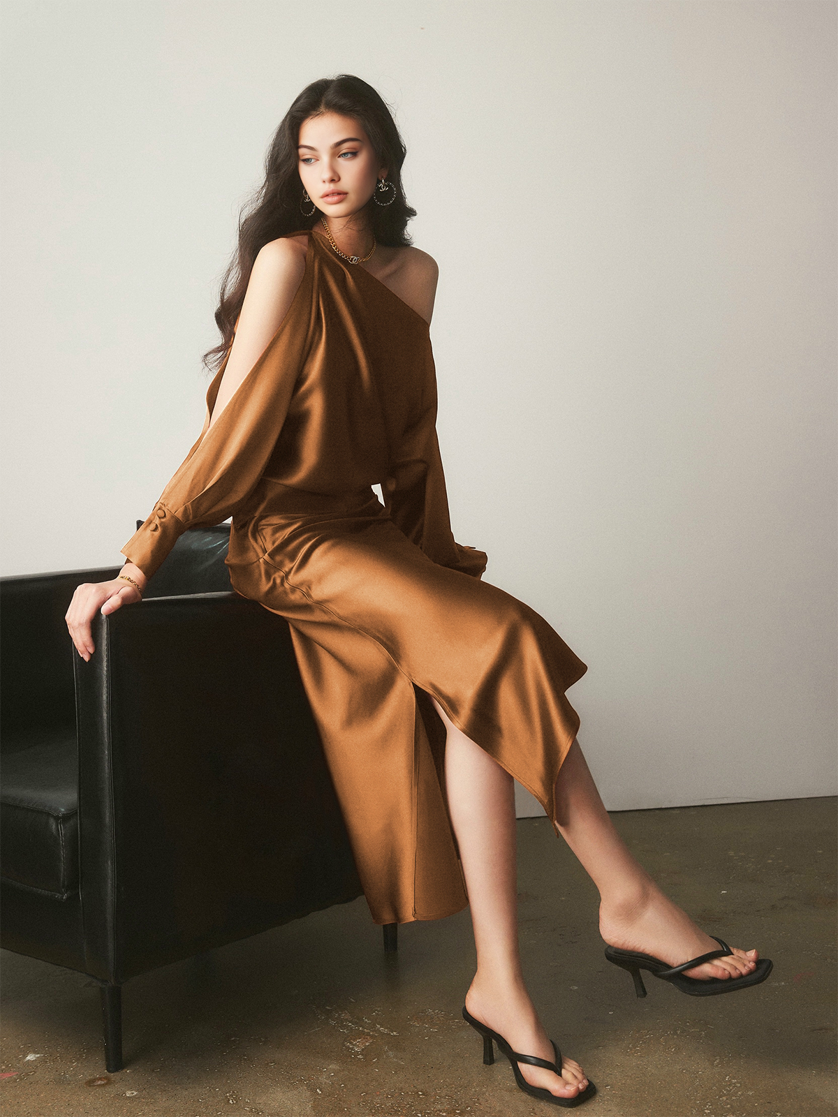 Satin Asymmetrical Split Skirt, Elegant High Waist Flowy Design