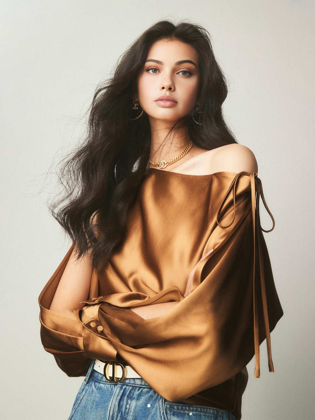 Satin Asymmetrical Cold Shoulder Tied Blouse with Elegant Draping