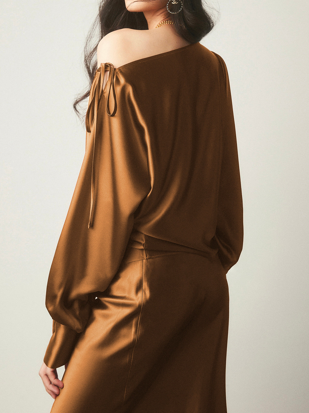Satin Asymmetrical Cold Shoulder Tied Blouse with Elegant Draping