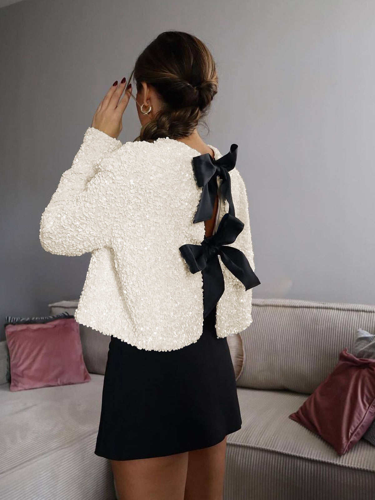 Sequined Velvet Bowknot Decor Jacket for Women Trendy Outerwear