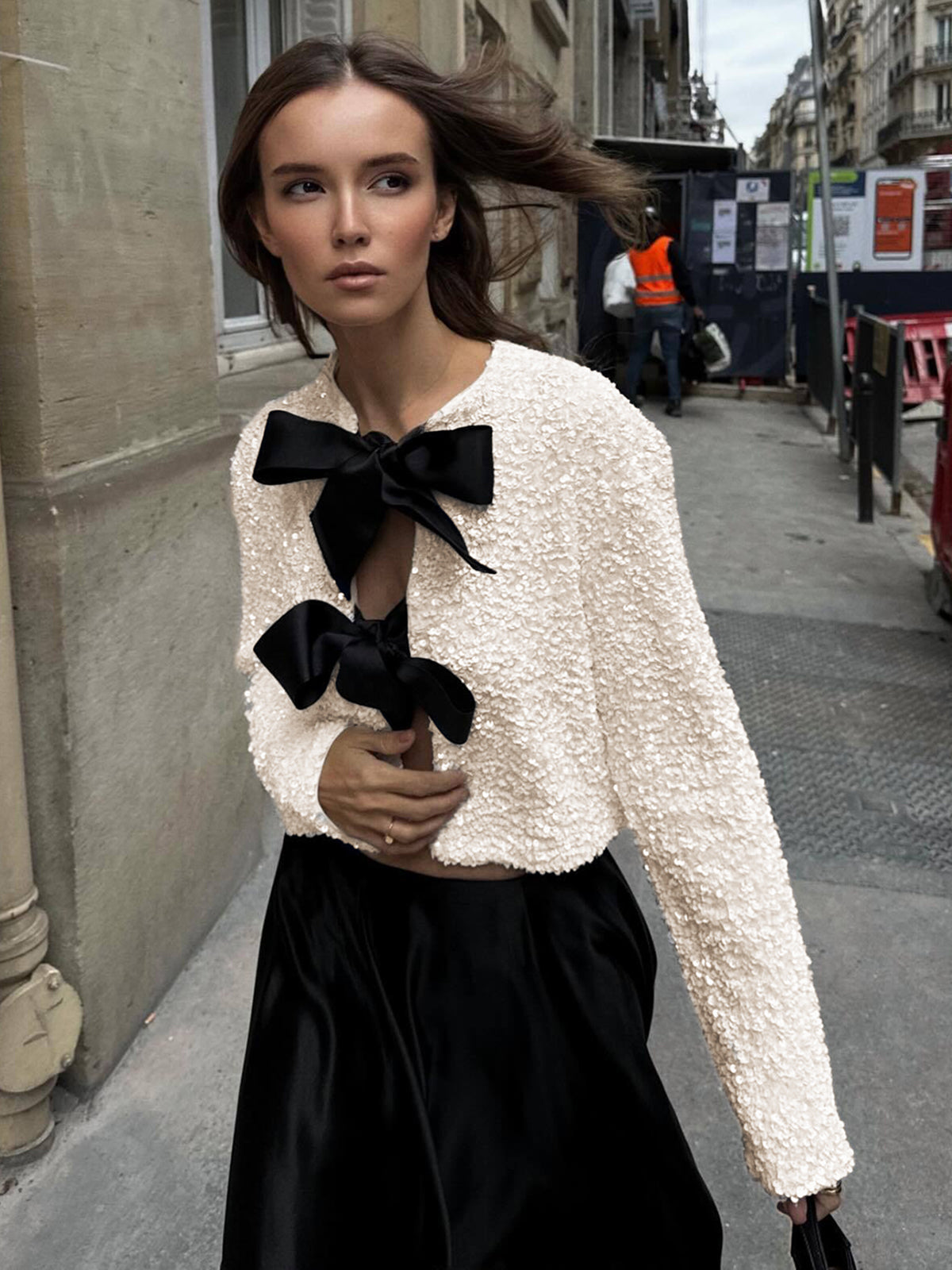 Sequined Velvet Bowknot Decor Jacket for Women Trendy Outerwear