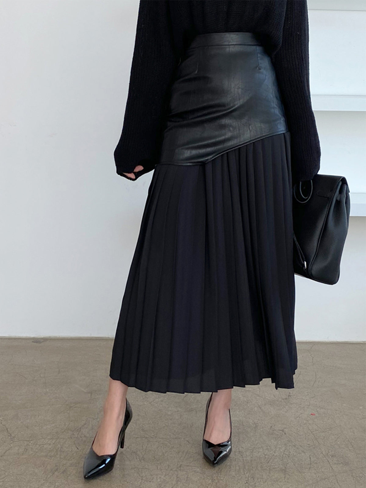 Asymmetric Patchwork Faux Leather Chiffon Pleated Maxi Skirt Trendy Women's Fashion