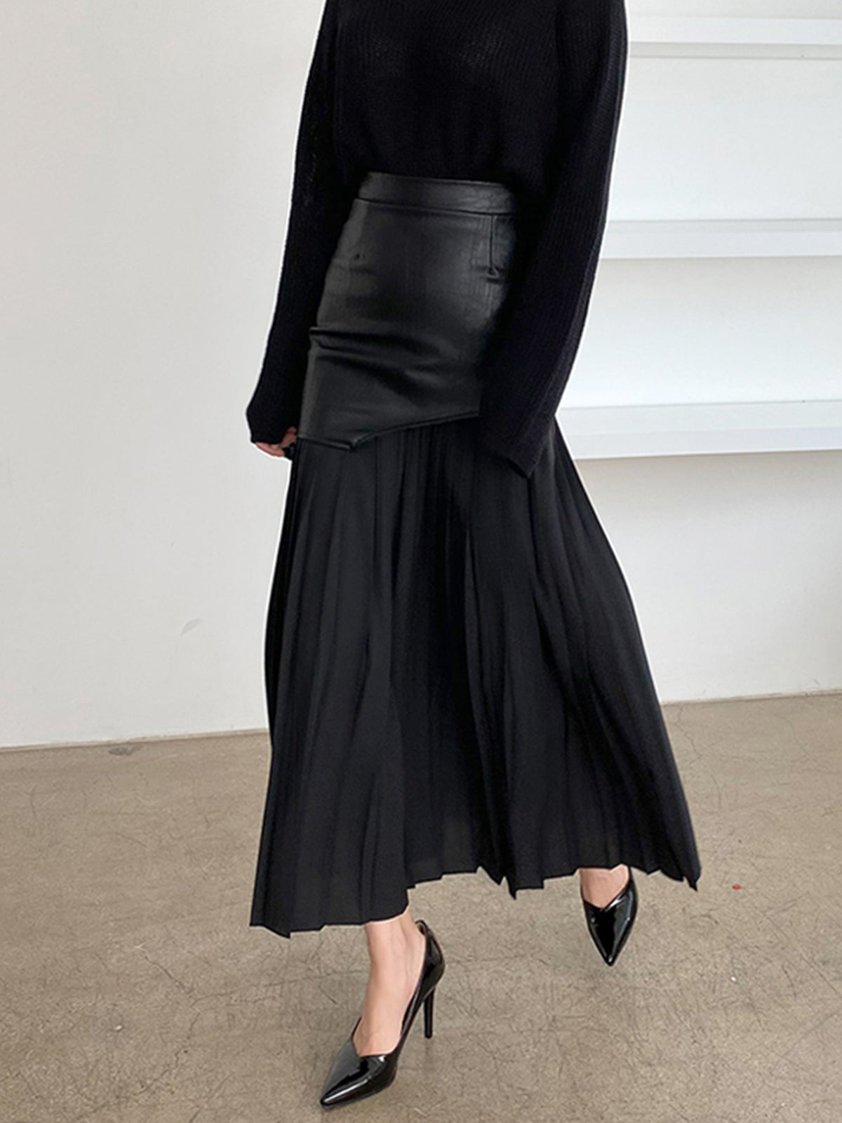 Asymmetric Patchwork Faux Leather Chiffon Pleated Maxi Skirt Trendy Women's Fashion