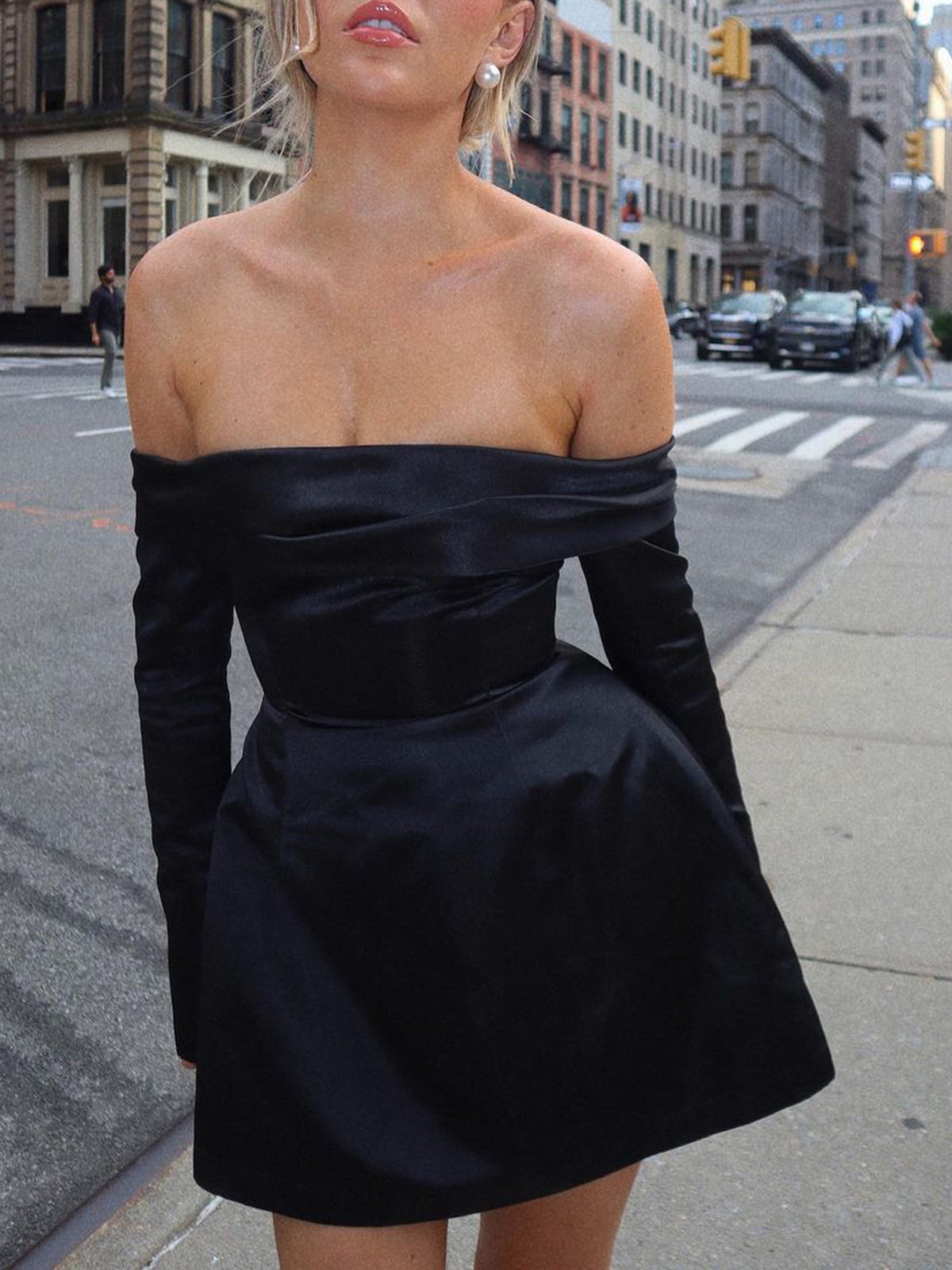 Off Shoulder Long Sleeve Overfold Mini Dress Elegant Cocktail Party Wear