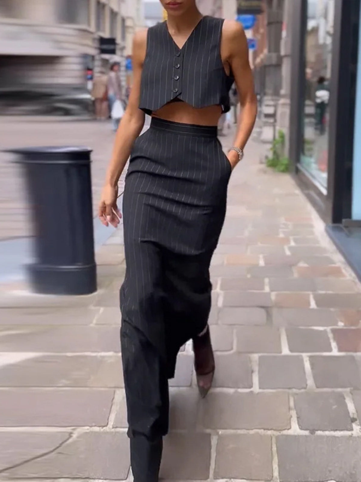 Pinstripe Button Crop Top and Mini Skirt Two-Piece Set for Women
