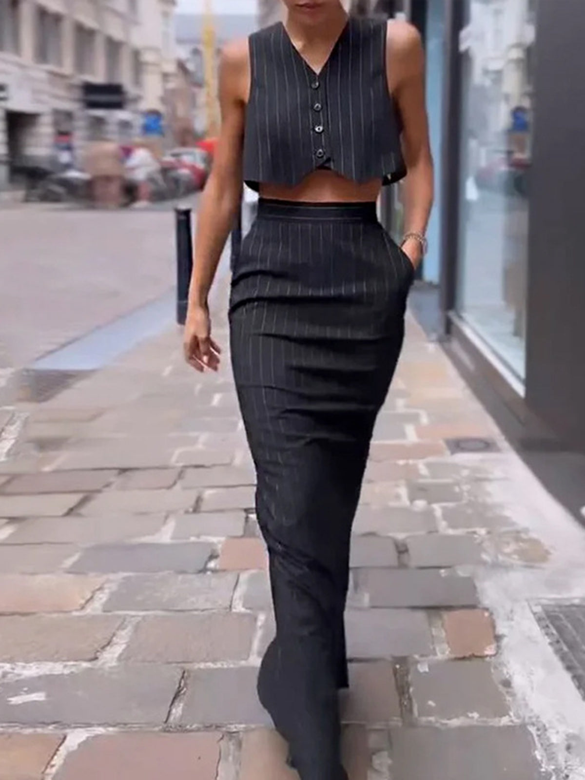 Pinstripe Button Crop Top and Mini Skirt Two-Piece Set for Women