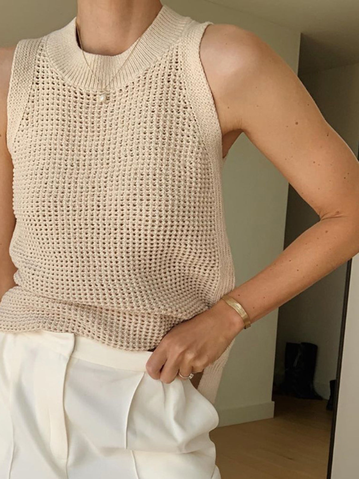 Knit Hollow Solid Tank Top Lightweight Breathable Summer Wear