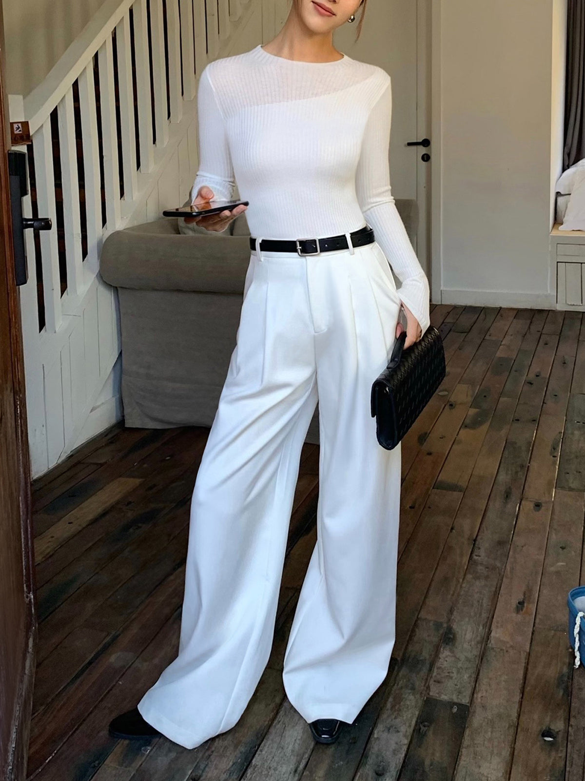 Knit Ribbed Crew Neck Asymmetric Top Women's Casual Fall Fashion
