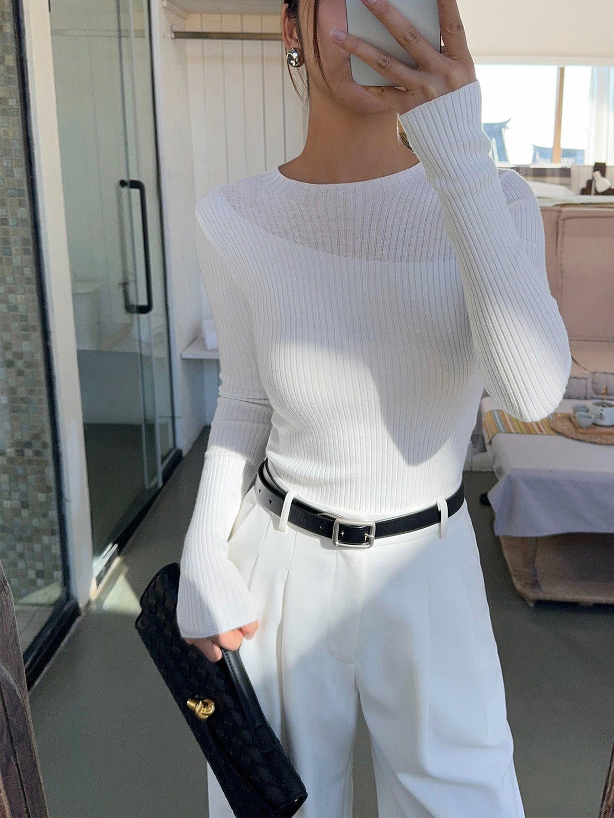 Knit Ribbed Crew Neck Asymmetric Top Women's Casual Fall Fashion