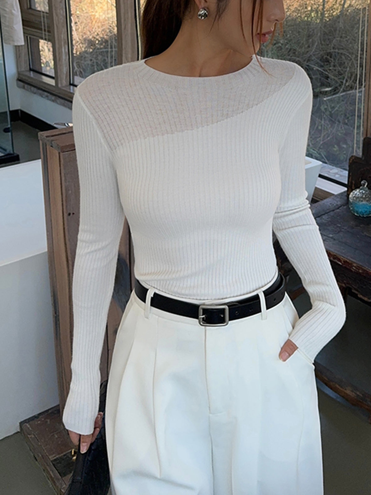 Knit Ribbed Crew Neck Asymmetric Top Women's Casual Fall Fashion