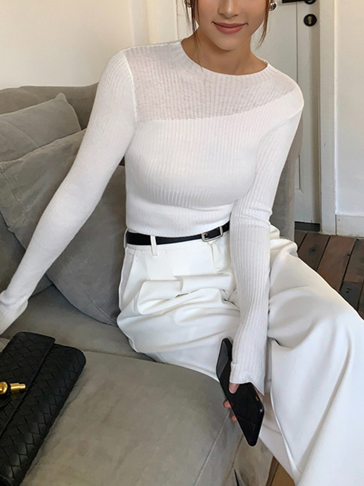 Knit Ribbed Crew Neck Asymmetric Top Women's Casual Fall Fashion