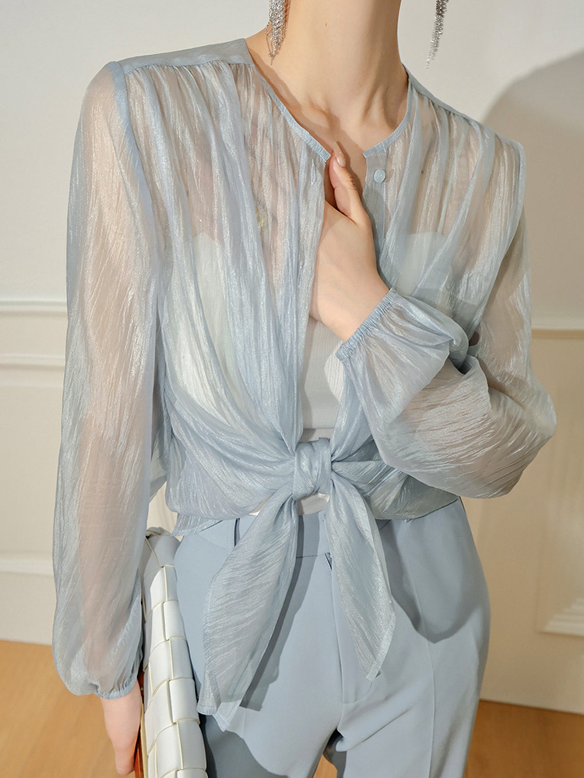 Semi-Sheer Through Long Sleeve Button Blouse with Elegant Tie Neck