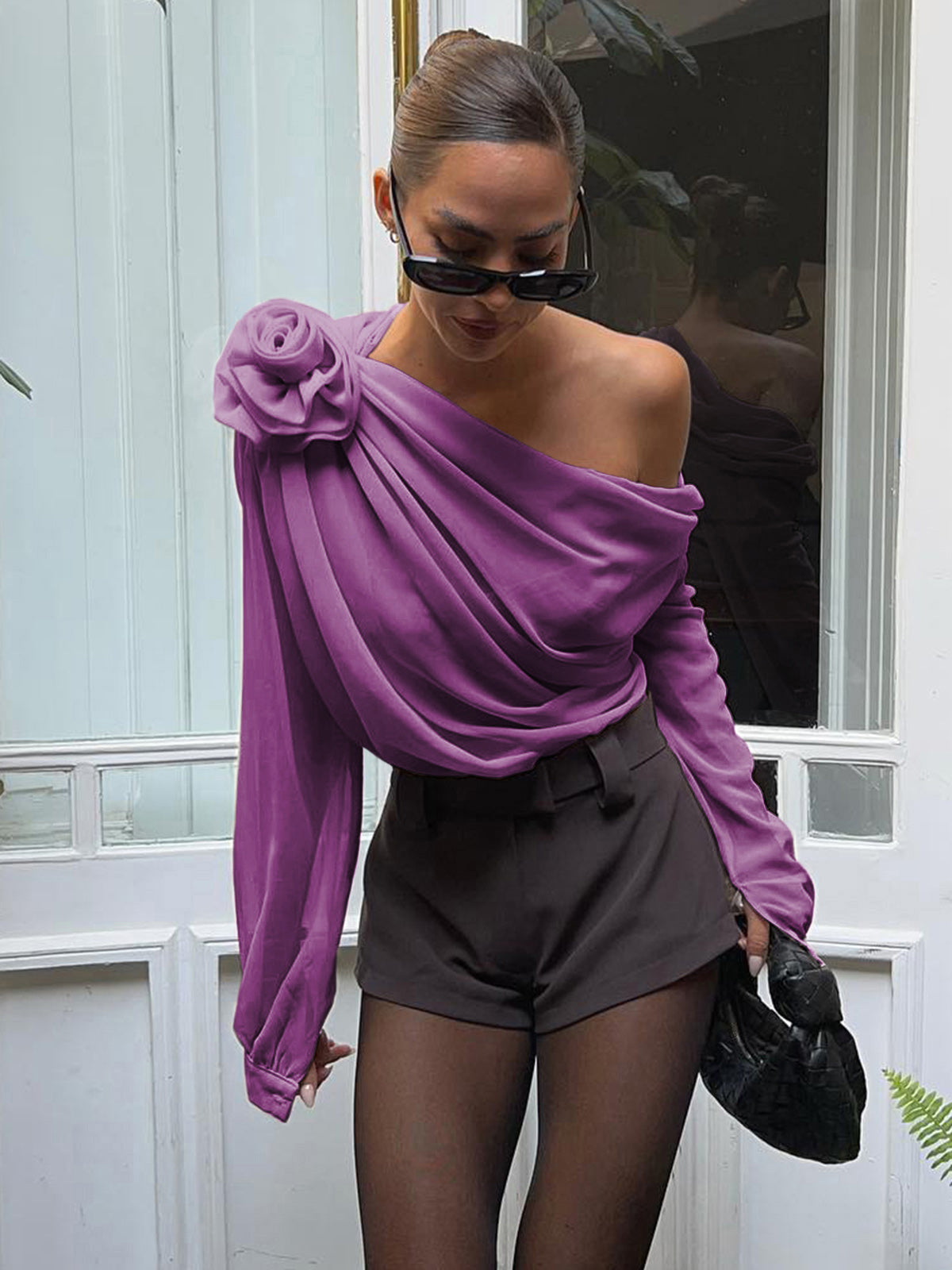 Chiffon Semi-Sheer One Shoulder Asymmetrical Blouse, Elegant Evening Wear Top