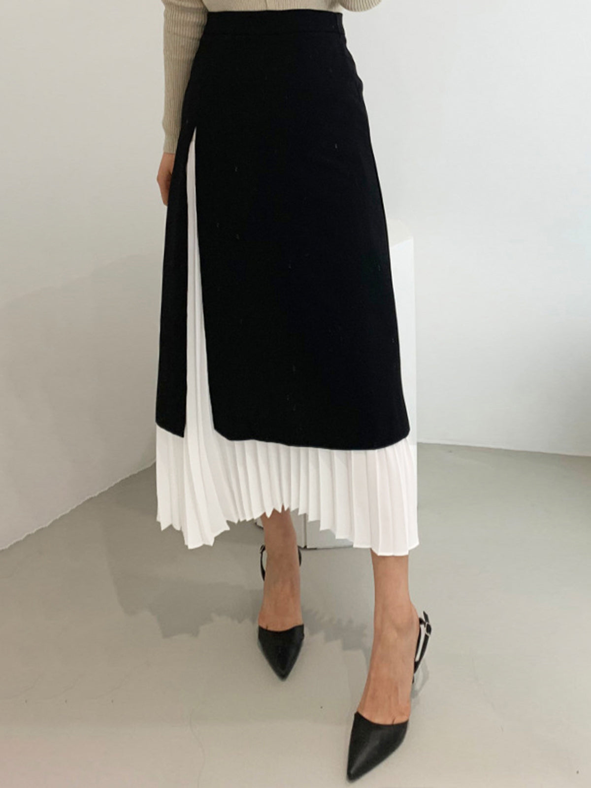 Two Tone Pleated Long Skirt with Elastic Waistband Comfort Fit