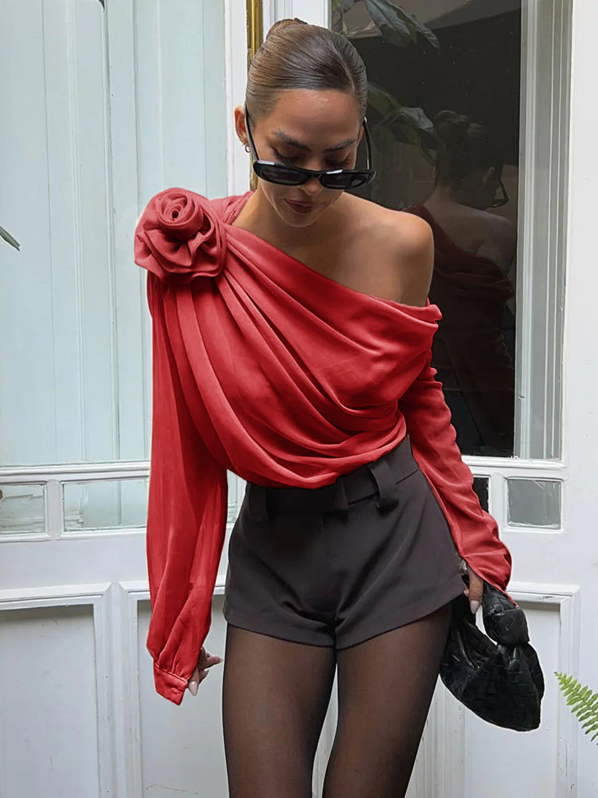 Chiffon Semi-Sheer One Shoulder Asymmetrical Blouse, Elegant Evening Wear Top