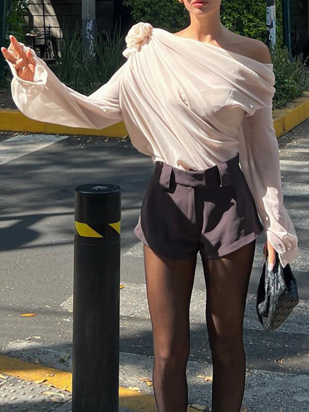Chiffon Semi-Sheer One Shoulder Asymmetrical Blouse, Elegant Evening Wear Top