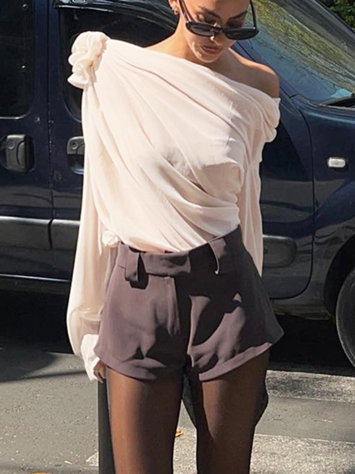 Chiffon Semi-Sheer One Shoulder Asymmetrical Blouse, Elegant Evening Wear Top