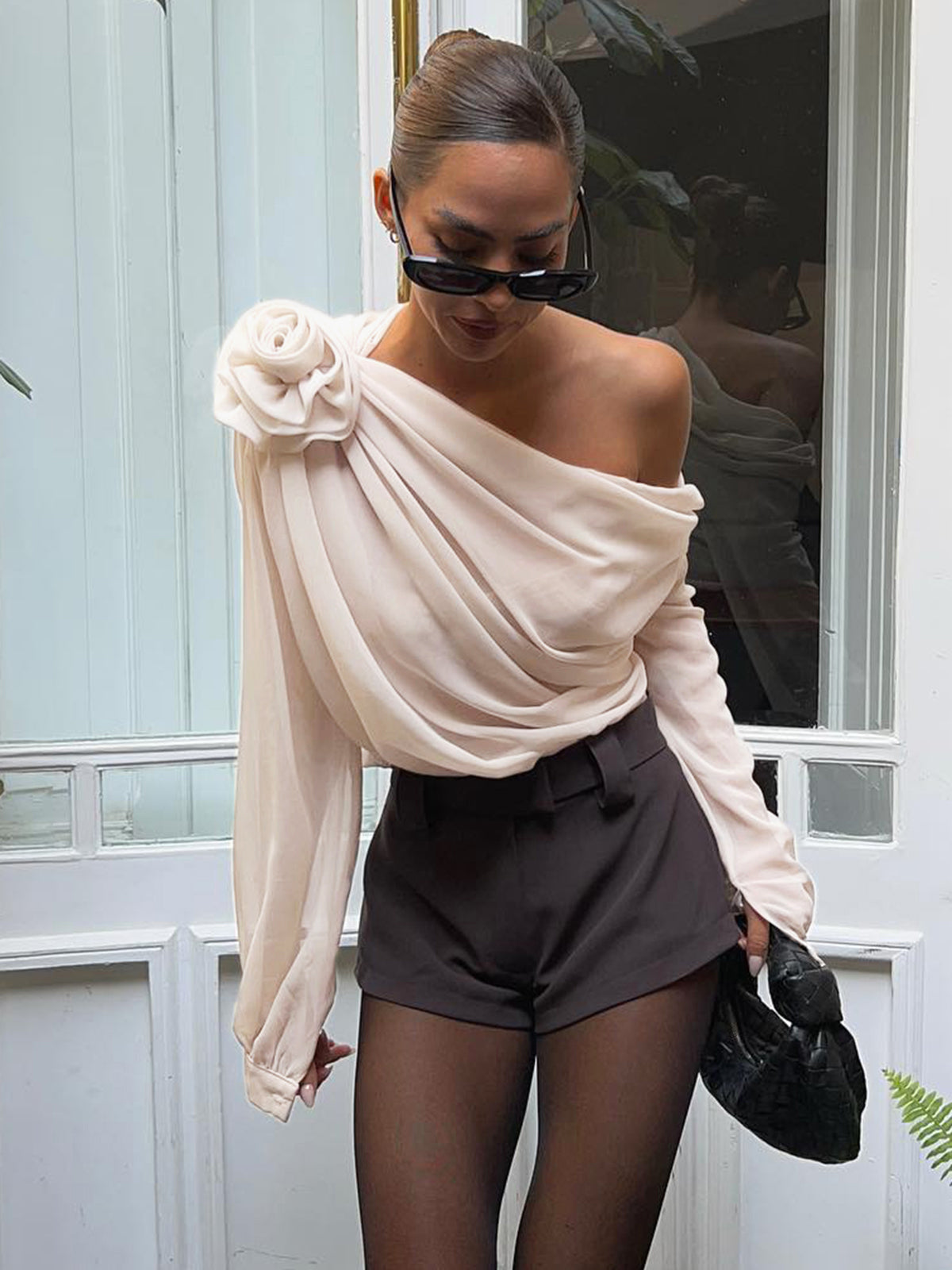 Chiffon Semi-Sheer One Shoulder Asymmetrical Blouse, Elegant Evening Wear Top