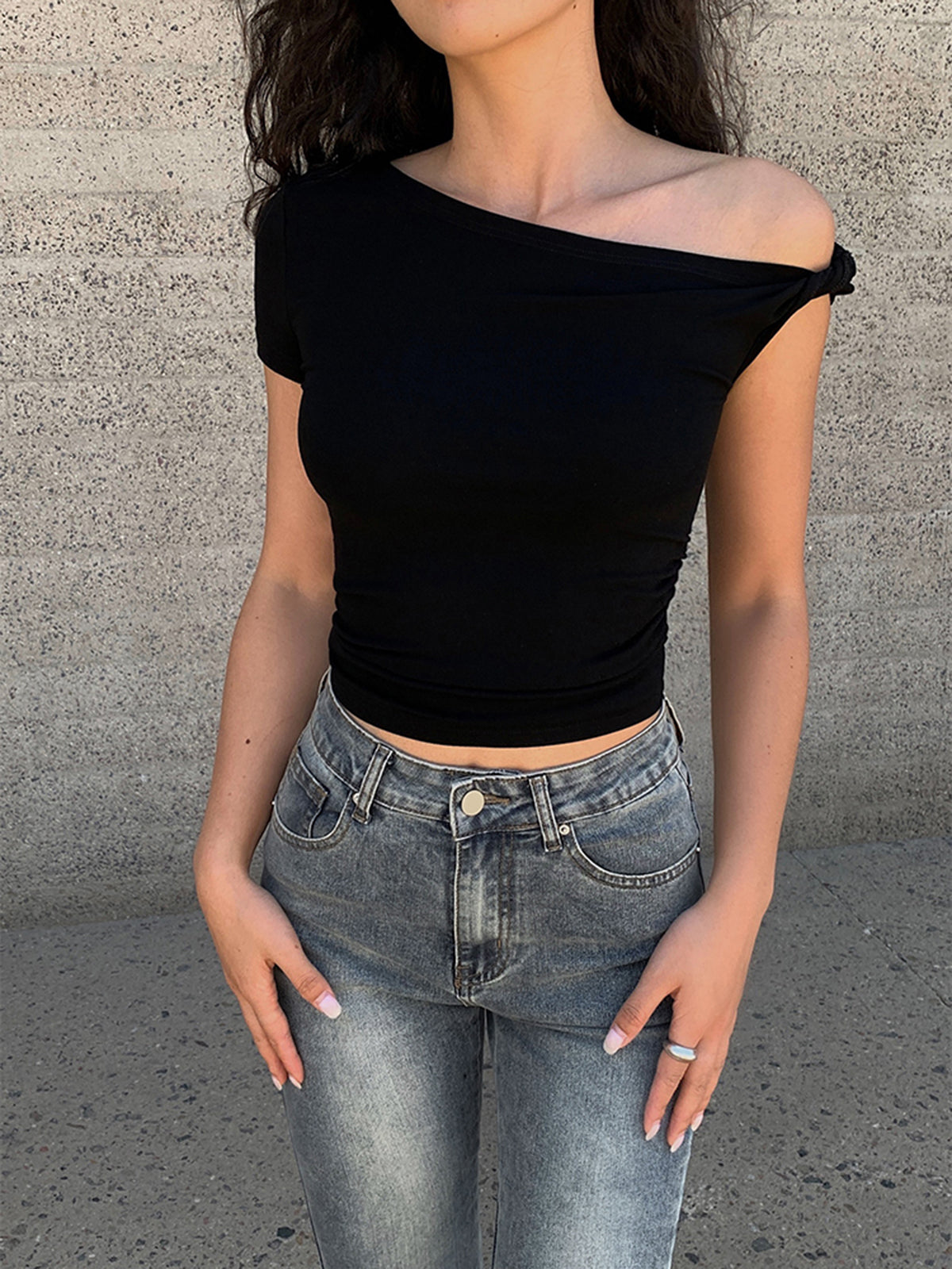 Asymmetrical Neck One Shoulder Off Top Trendy Casual Blouse