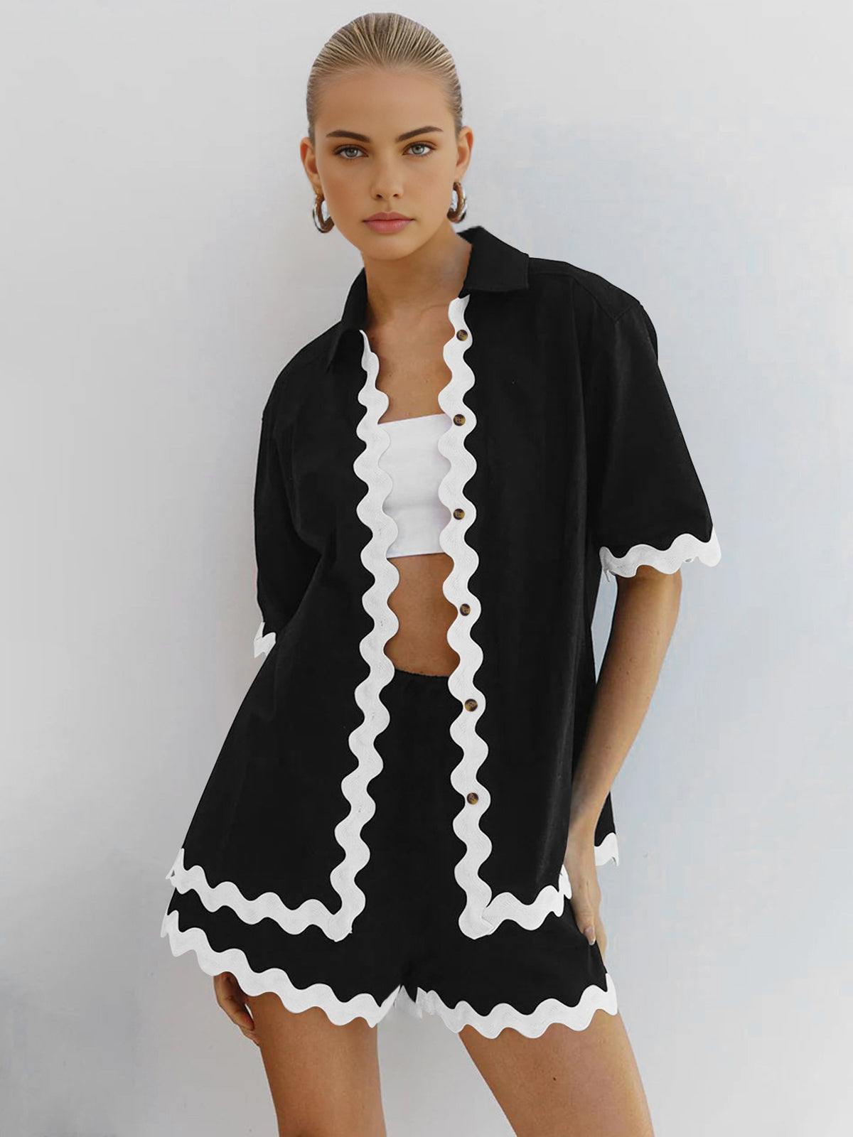 Contrast Trim Casual Two-Piece Shorts Set