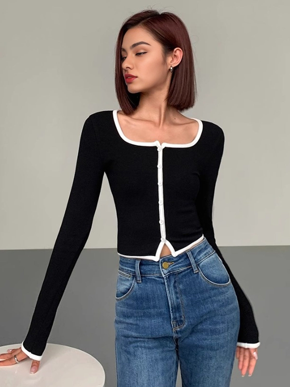 Square Neck Contrast Trim Long Sleeve Knit Shirt for Women Casual Wear