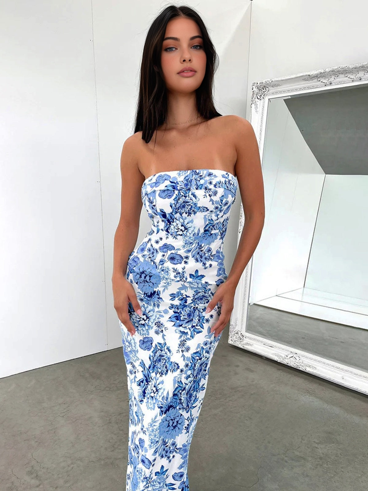 Multi Floral Split Long Dress with V-Neckline and Flowy Skirt