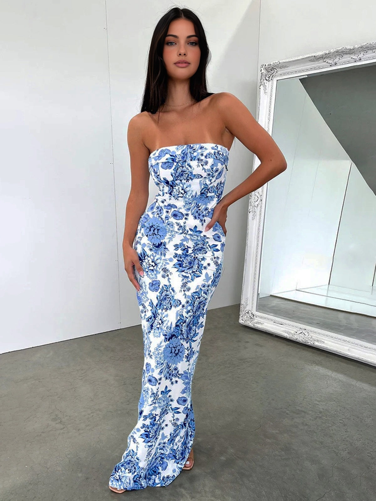 Multi Floral Split Long Dress with V-Neckline and Flowy Skirt