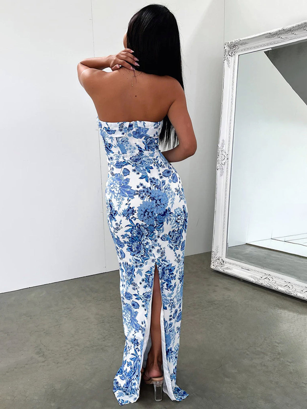 Multi Floral Split Long Dress with V-Neckline and Flowy Skirt