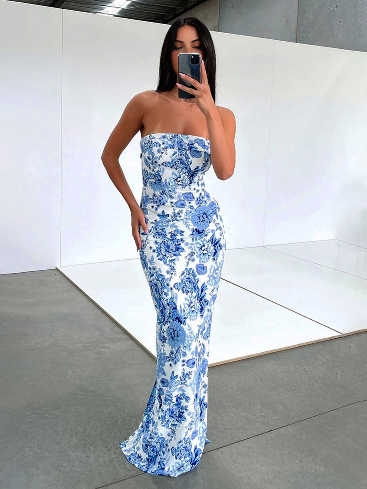 Multi Floral Split Long Dress with V-Neckline and Flowy Skirt