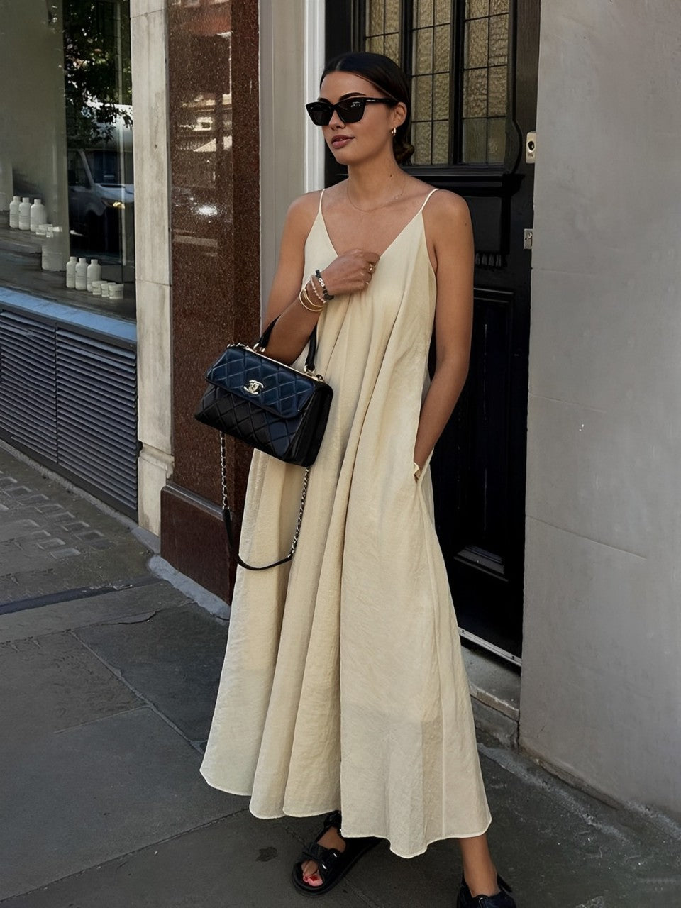 Double Layers V-neck Long Dress Elegant Flowing Evening Wear