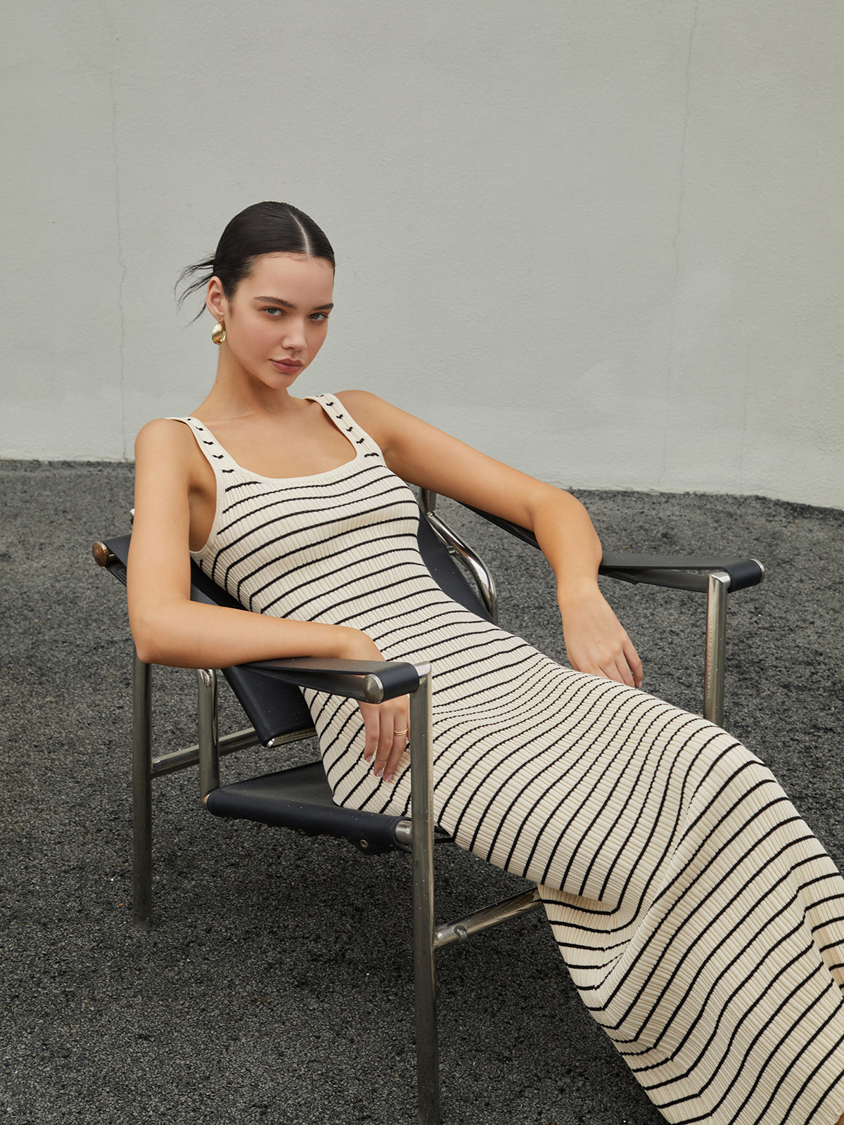 Old Money Aesthetics Stripe Long Knit Dress Timeless Elegant Full-Length