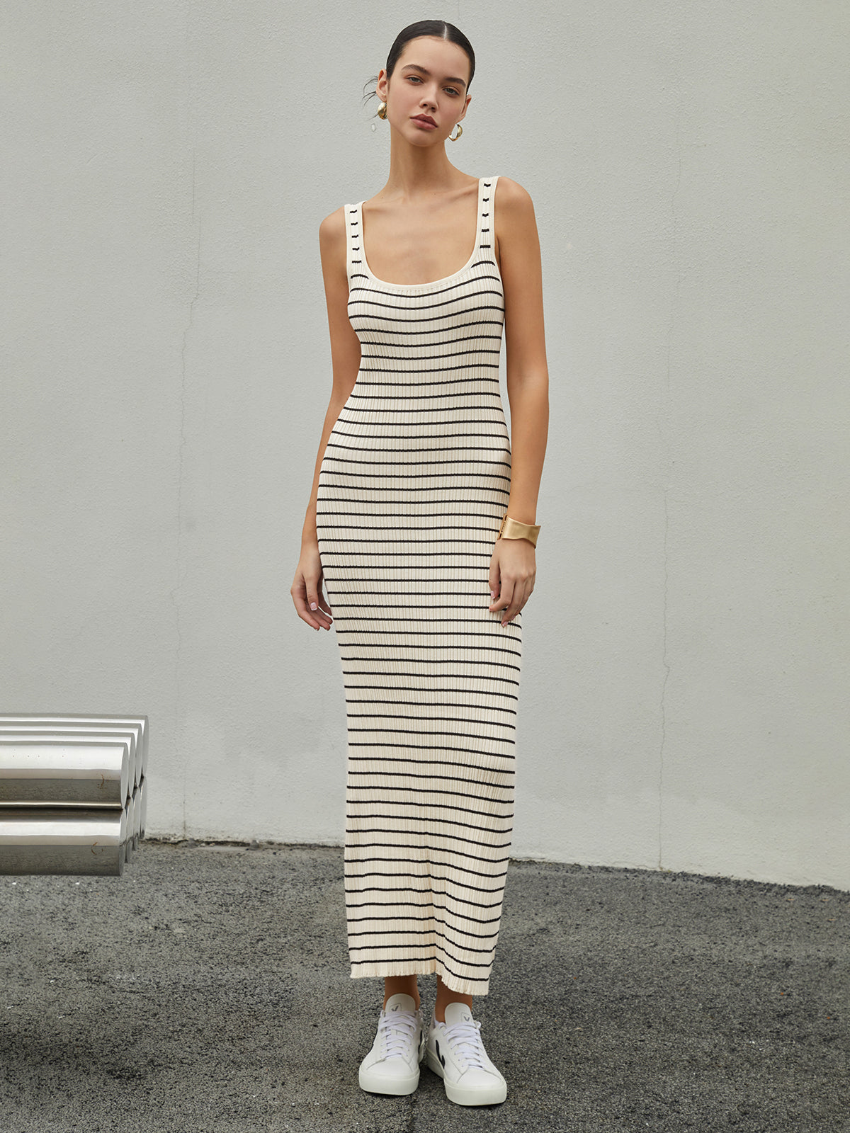 Old Money Aesthetics Stripe Long Knit Dress Timeless Elegant Full-Length