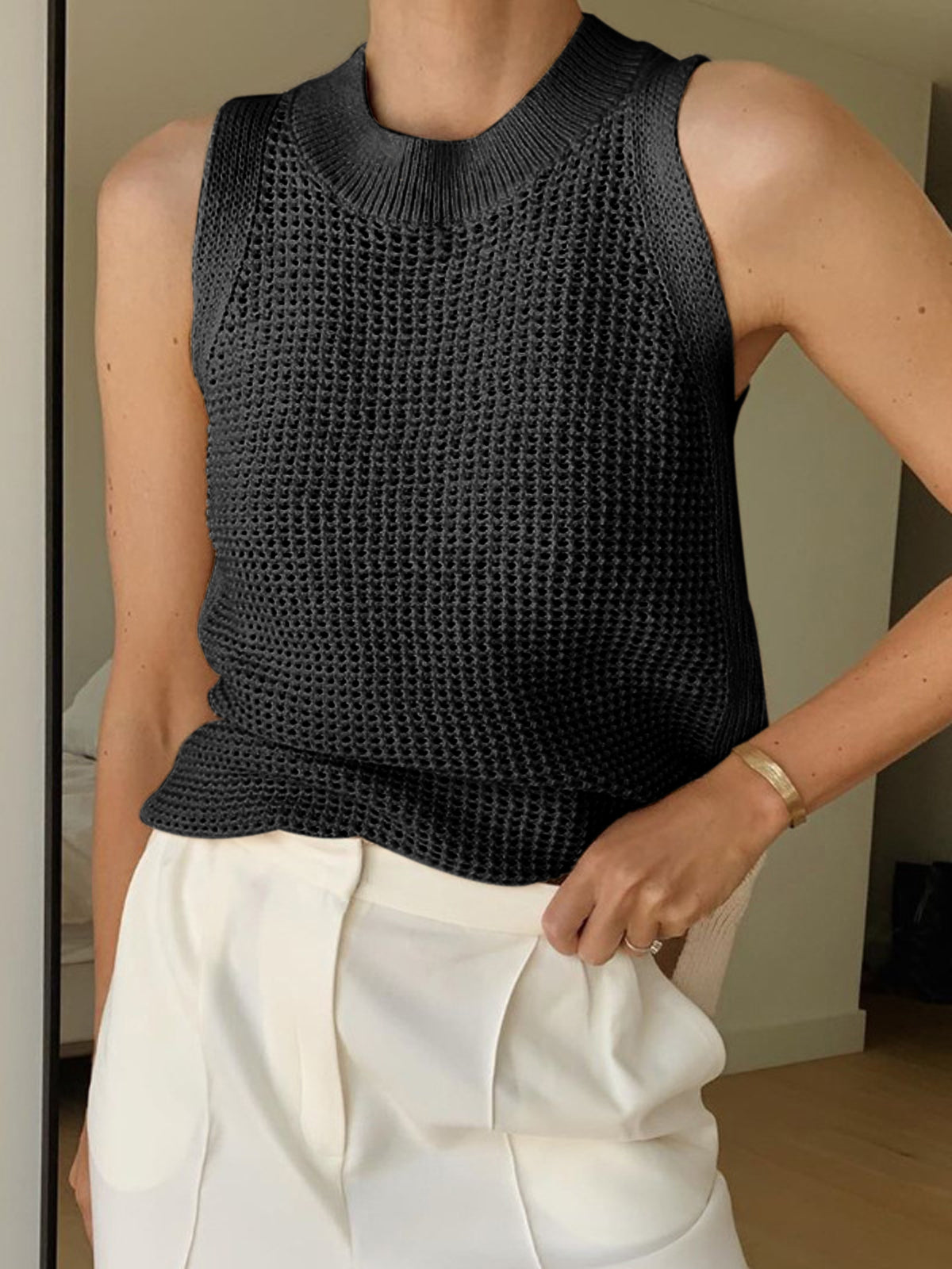 Knit Hollow Solid Tank Top Lightweight Breathable Summer Wear