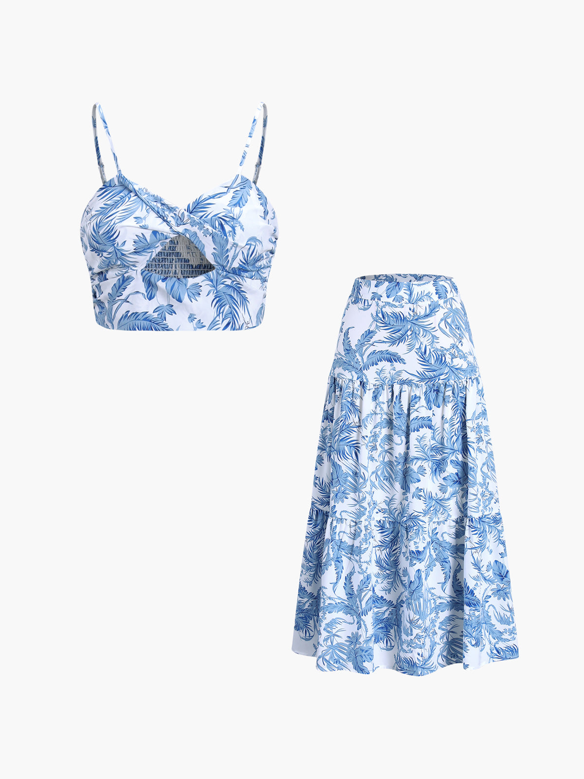 Seaside Joy Print Twist Detail High Waist Skirt Set Summer Beachwear
