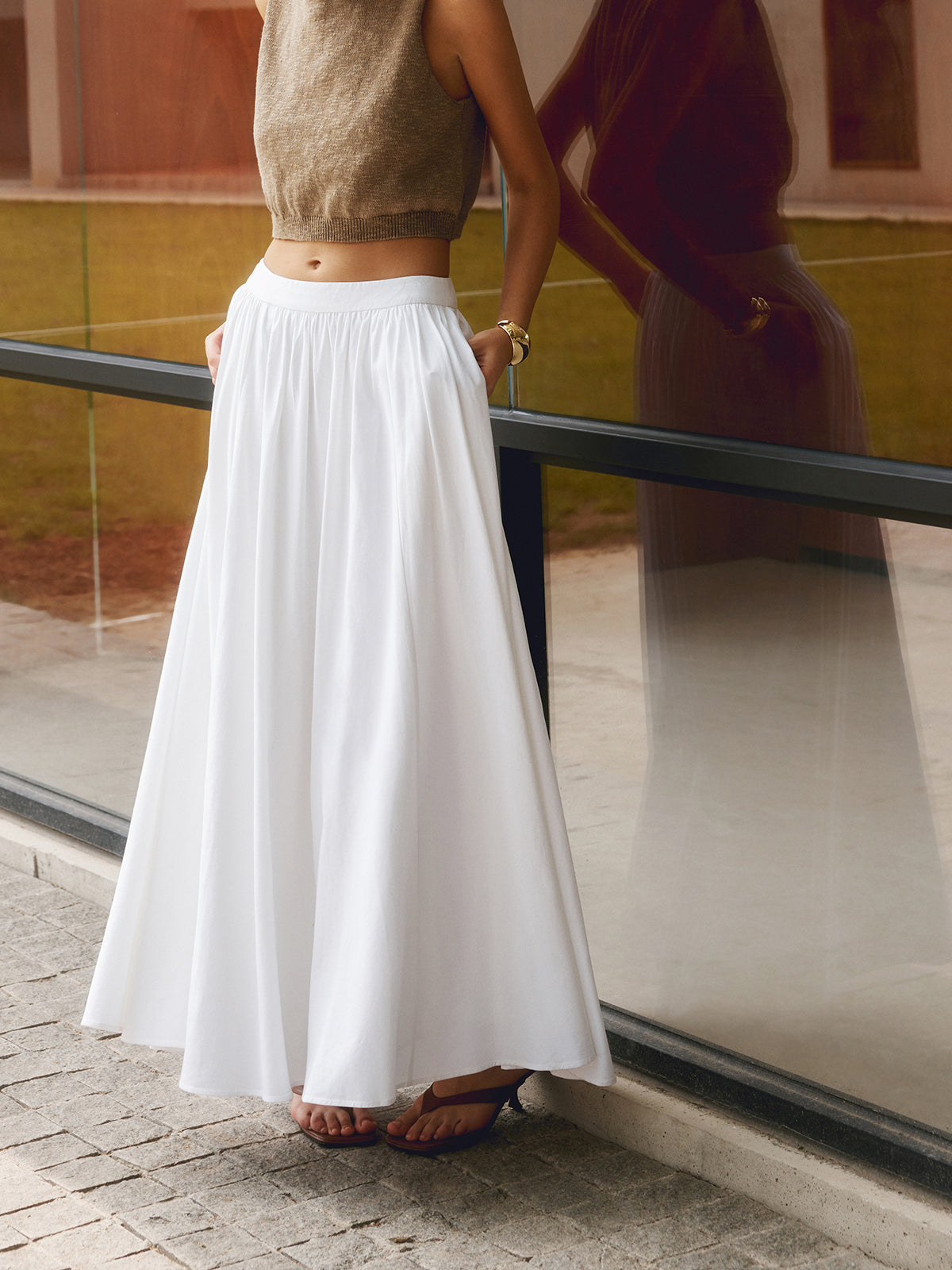 Cotton Pleated Maxi Skirt Lightweight Breathable Comfortable Style