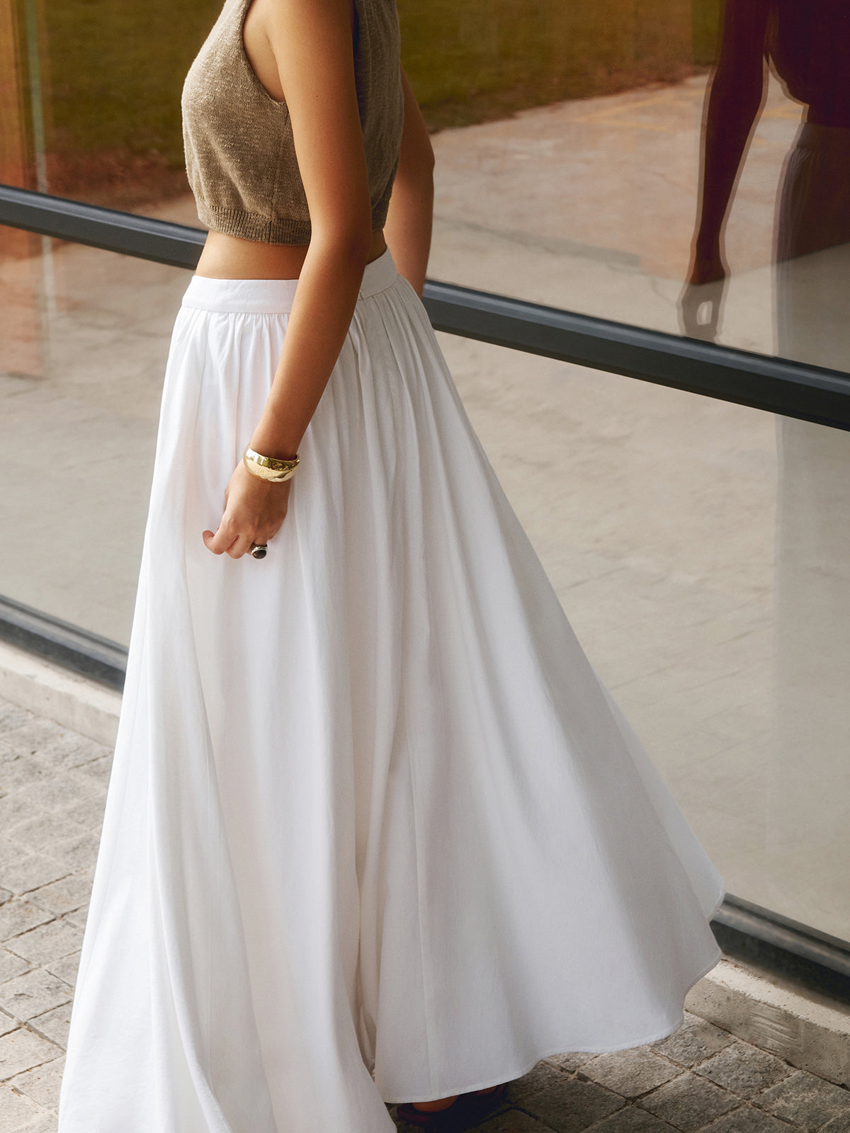 Cotton Pleated Maxi Skirt Lightweight Breathable Comfortable Style