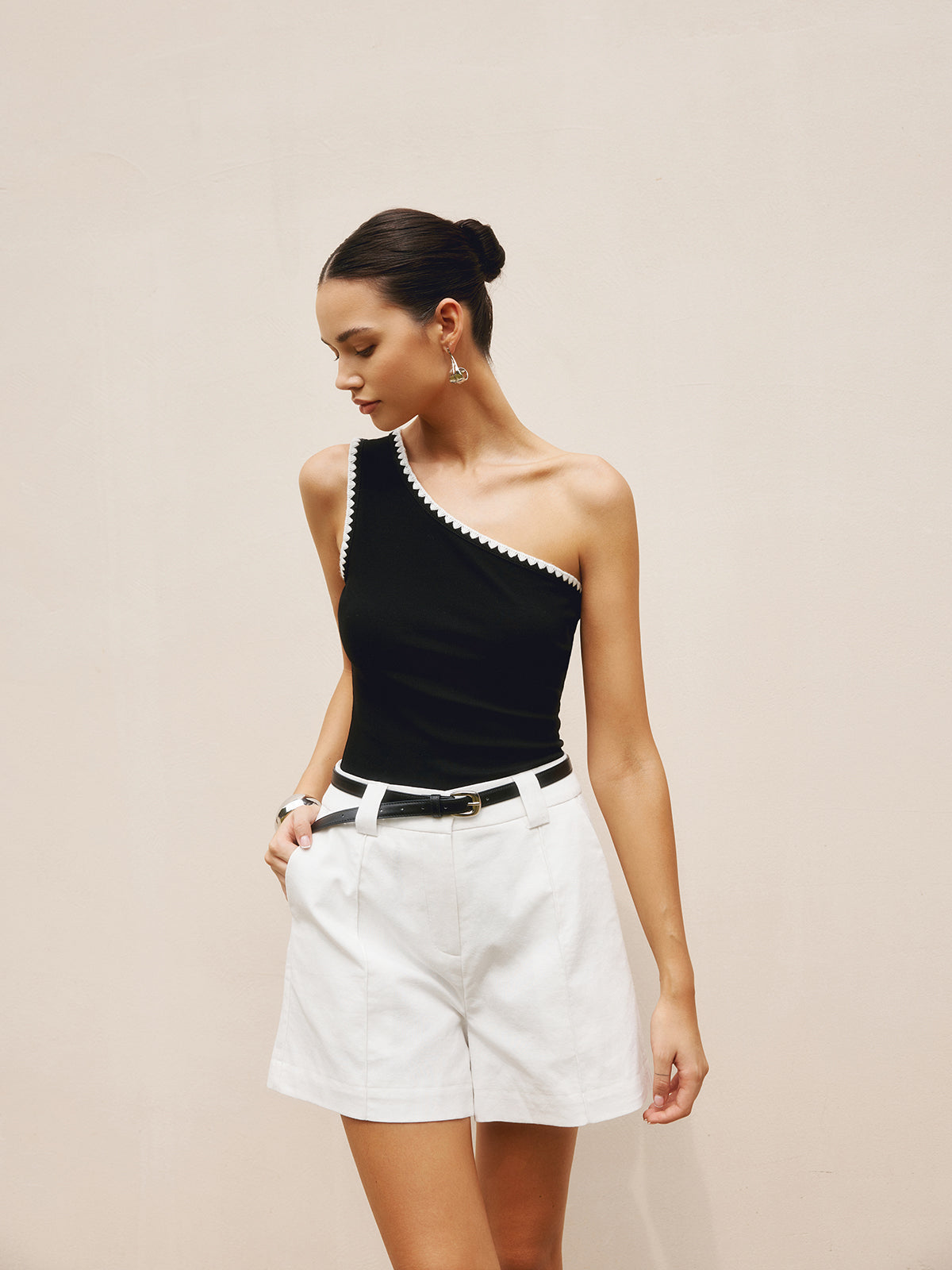 Contrast Trim One Shoulder Off Tank Top Slim Fit Stylish Casual