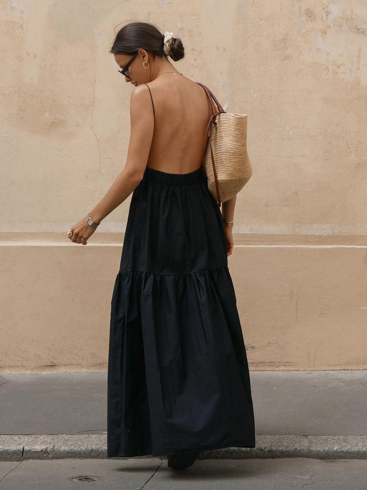 Solid Backless Long Dress with Elegant Flowing Skirt