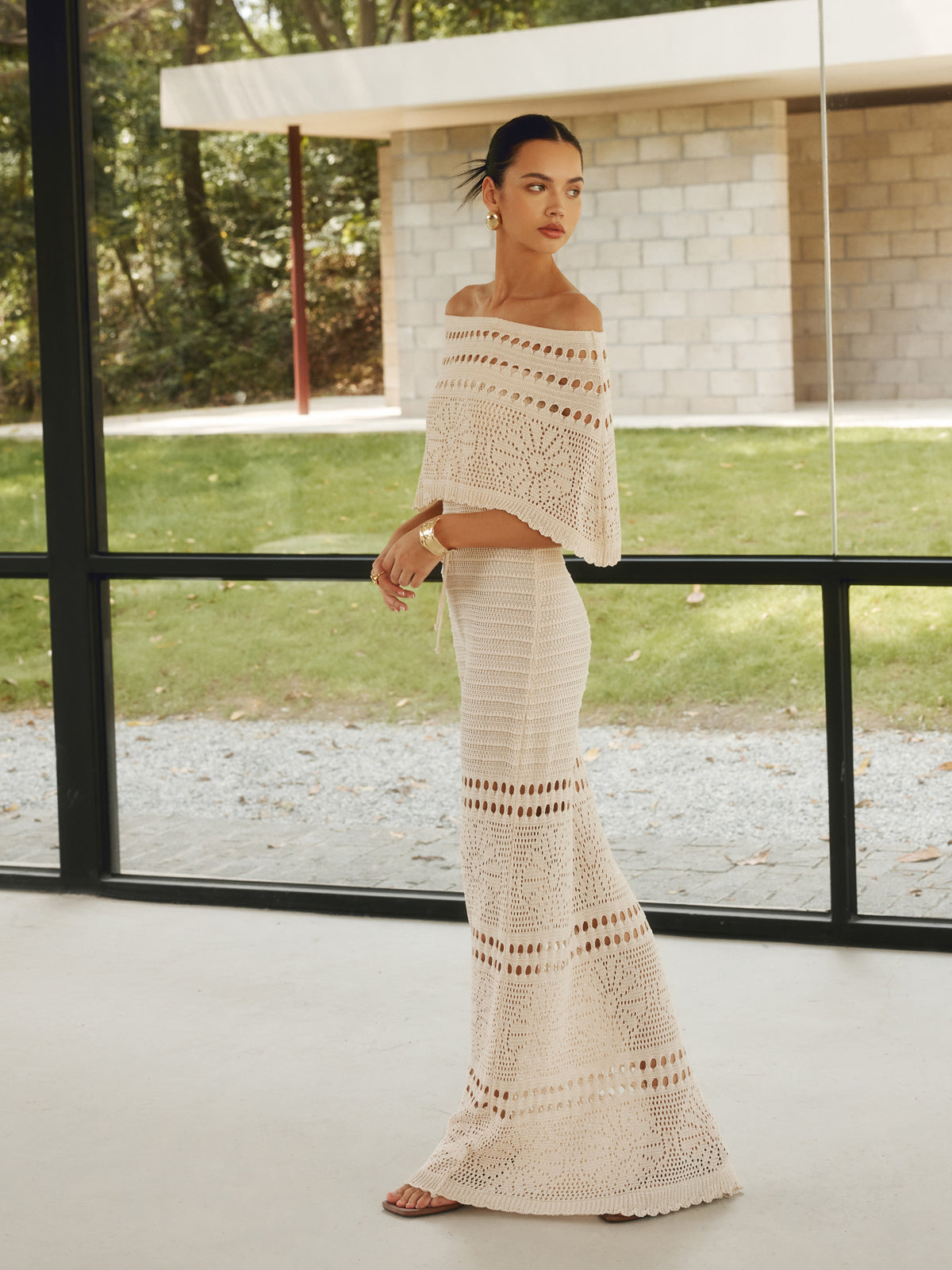 Hollow Out Off-Shoulder Maxi Dress With Shawl Elegant Evening Gown