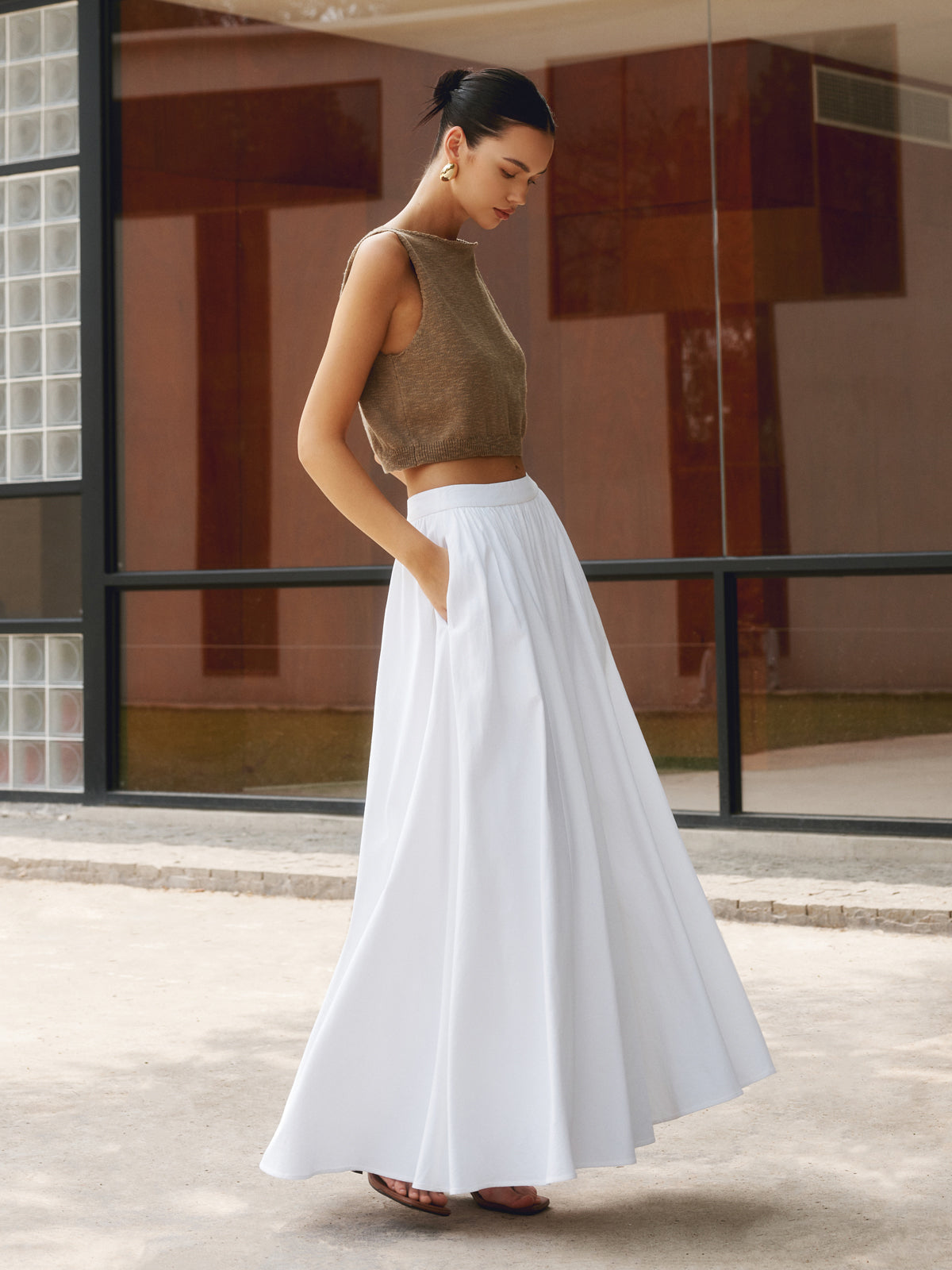 Cotton Pleated Maxi Skirt Lightweight Breathable Comfortable Style