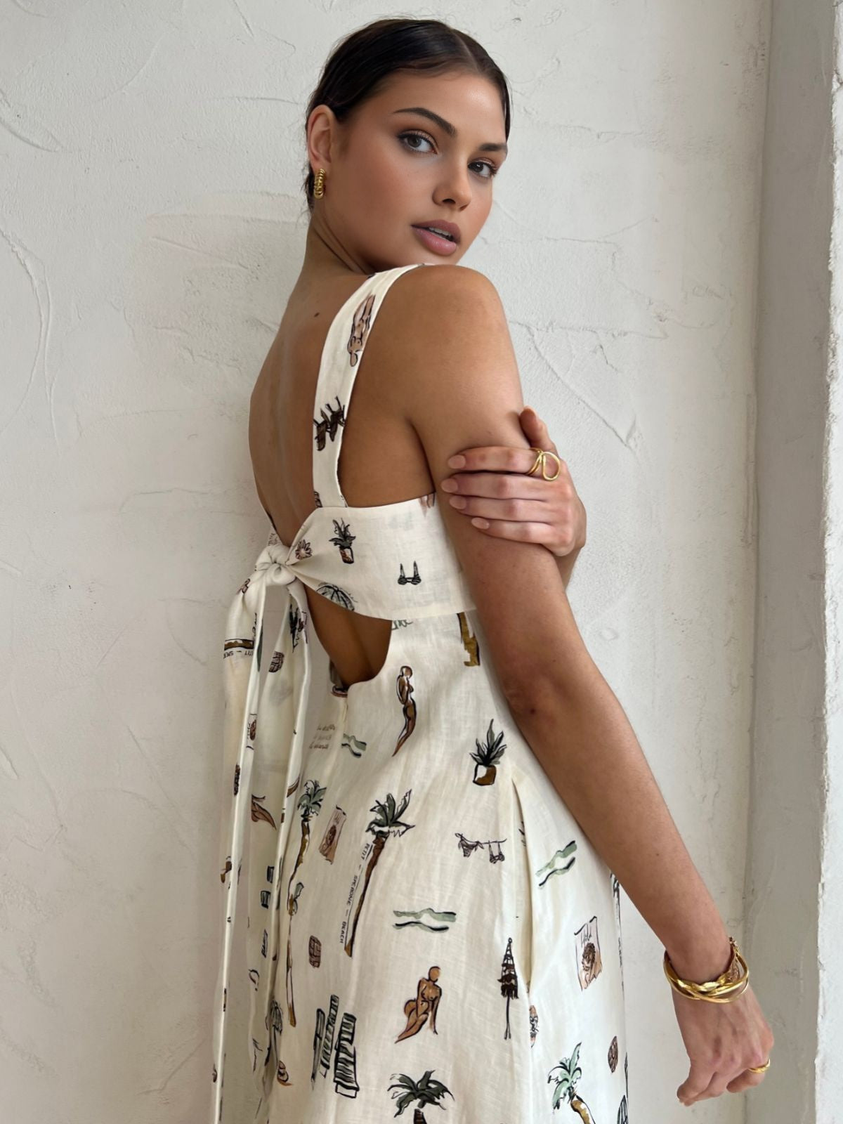 Tropical Print Knotted Long Dress for Women Summer Beachwear