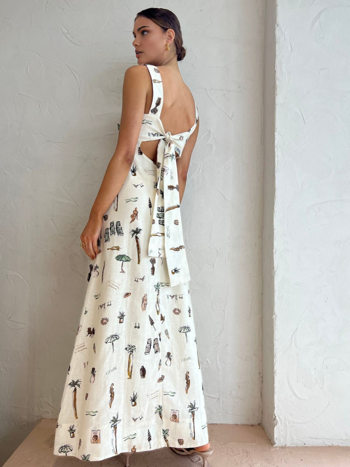 Tropical Print Knotted Long Dress for Women Summer Beachwear