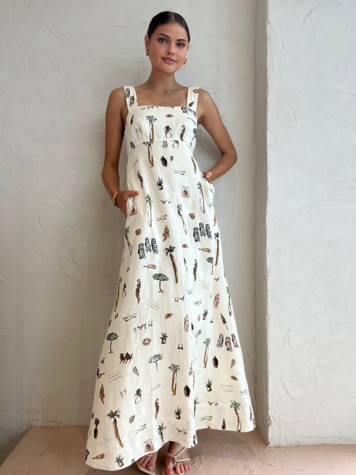Tropical Print Knotted Long Dress for Women Summer Beachwear