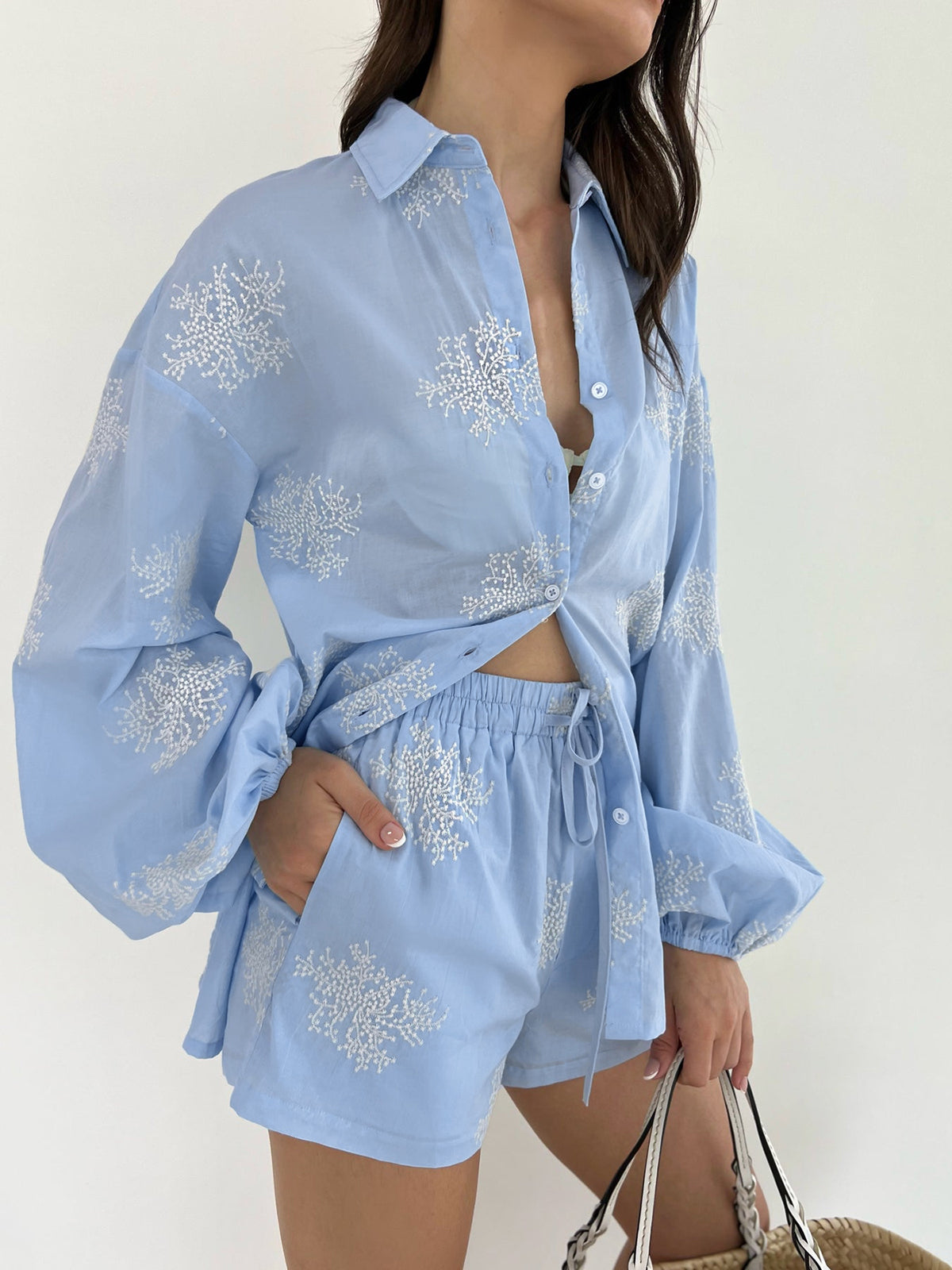 Semi-Sheer Plant Embroidery Casual Shorts Set for Women Lightweight Summer