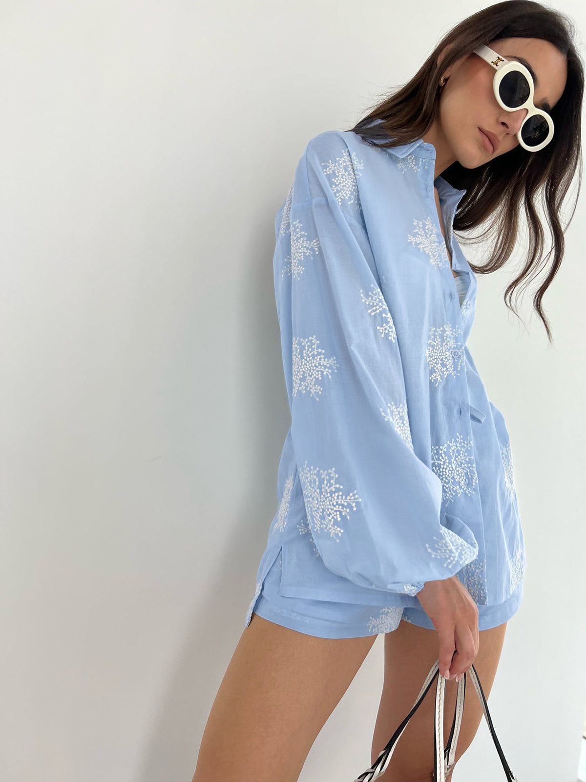 Semi-Sheer Plant Embroidery Casual Shorts Set for Women Lightweight Summer